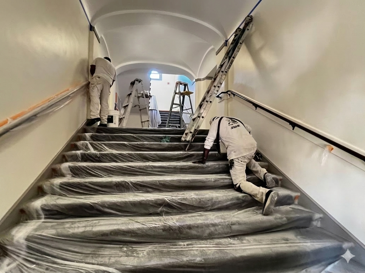Chay & Harris crew painting historic vaulted stairwell